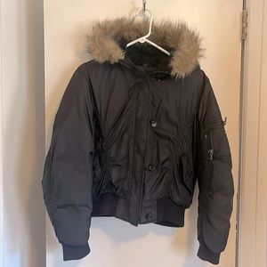 Steve Madden hooded down jacket, puffer, black with tan faux fur trim. Size M